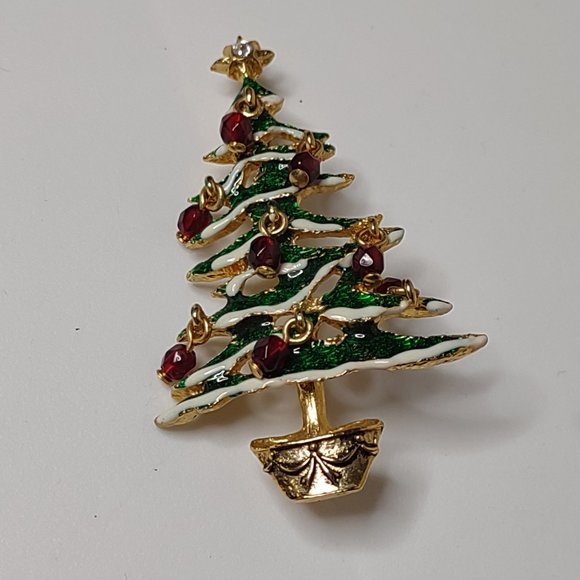 Green And Gold Tone Christmas Tree Brooch With Red Dangling Ornaments - Picture 1 of 11